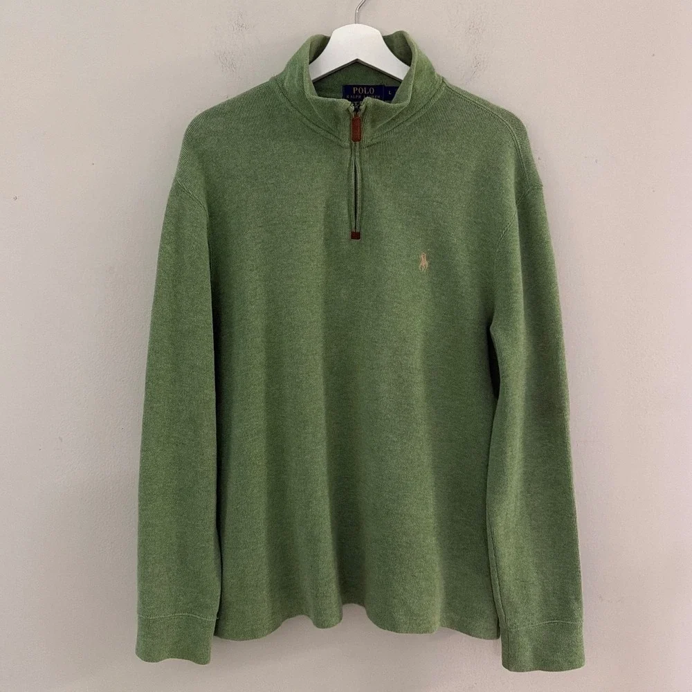 Polo Ralph Lauren Mens Large Sage Green 100% Cotton Quarter Zip Ribbed Sweater